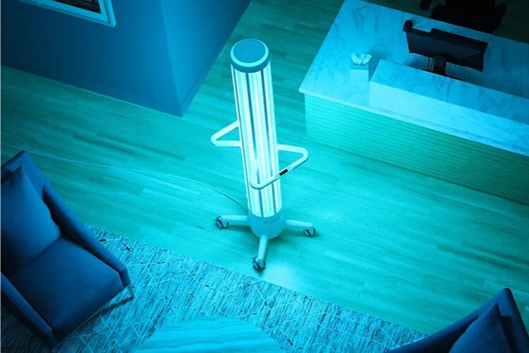 Professional UV-C disinfection device treating a room